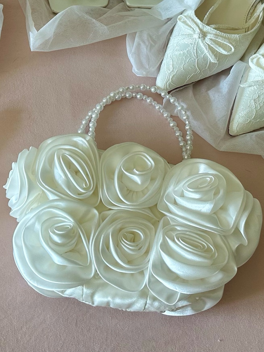 Dolce Vita Ivory Rose Satin Pearl Handle Bag